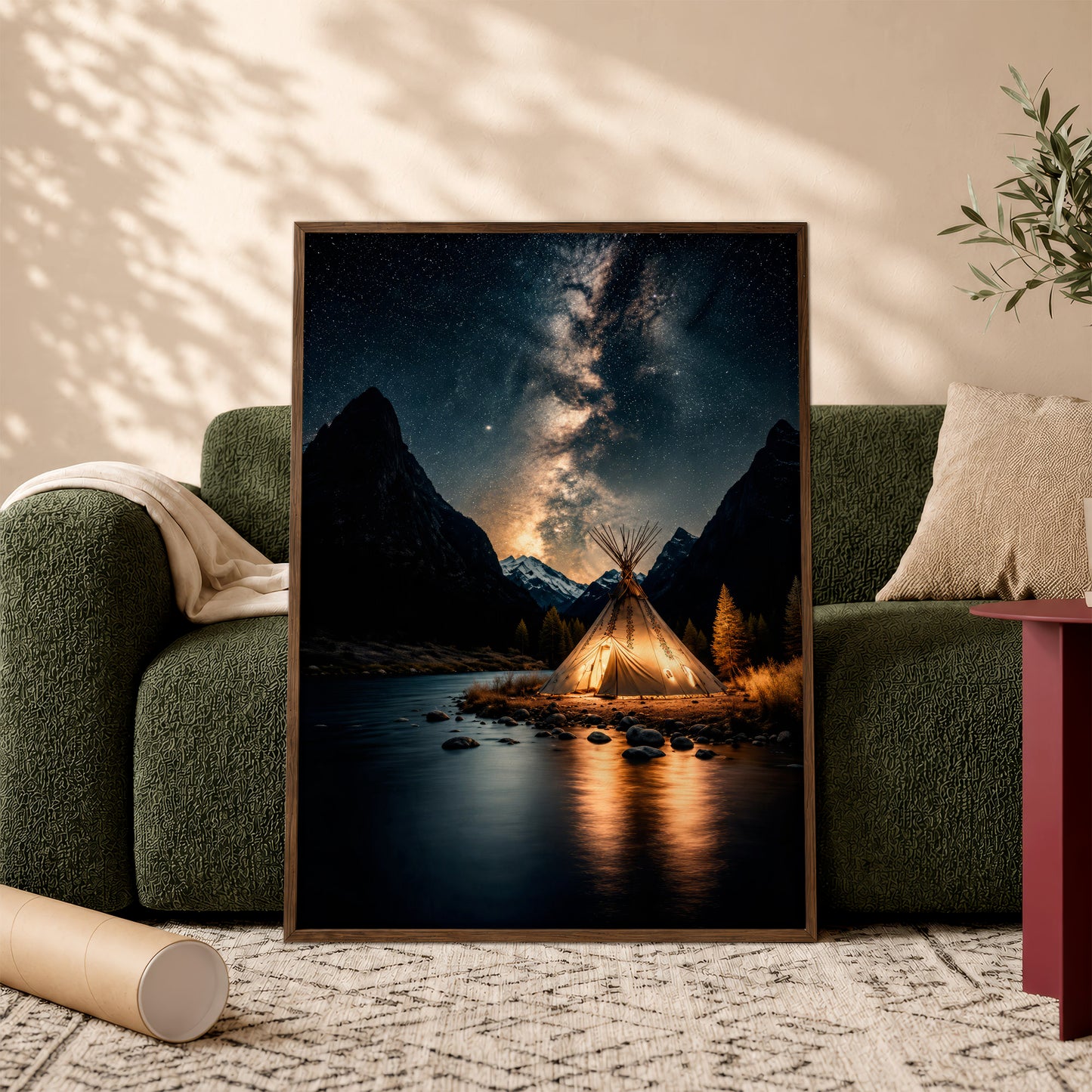 Sacred Tipi Under the Stars Canvas Wall Art – Native American Night Landscape