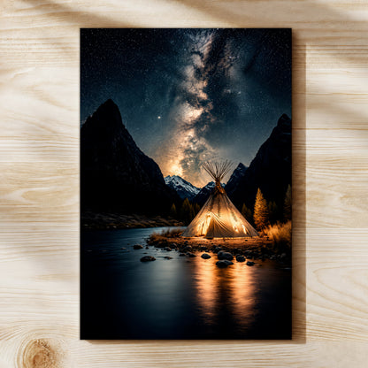 Sacred Tipi Under the Stars Canvas Wall Art – Native American Night Landscape
