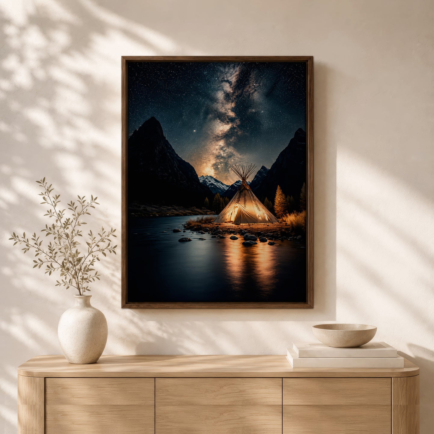 Sacred Tipi Under the Stars Canvas Wall Art – Native American Night Landscape