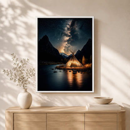 Sacred Tipi Under the Stars Canvas Wall Art – Native American Night Landscape