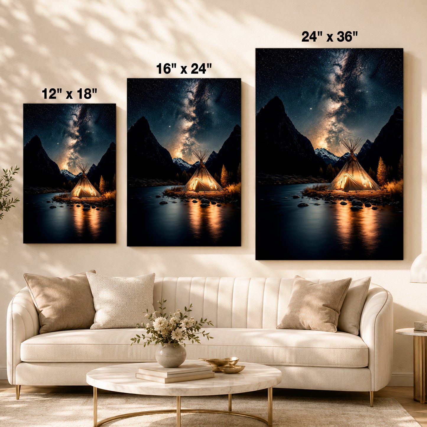 Sacred Tipi Under the Stars Canvas Wall Art – Native American Night Landscape