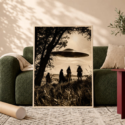 Sacred Sky Encounter Canvas Wall Art – Native American Inspired UFO Art