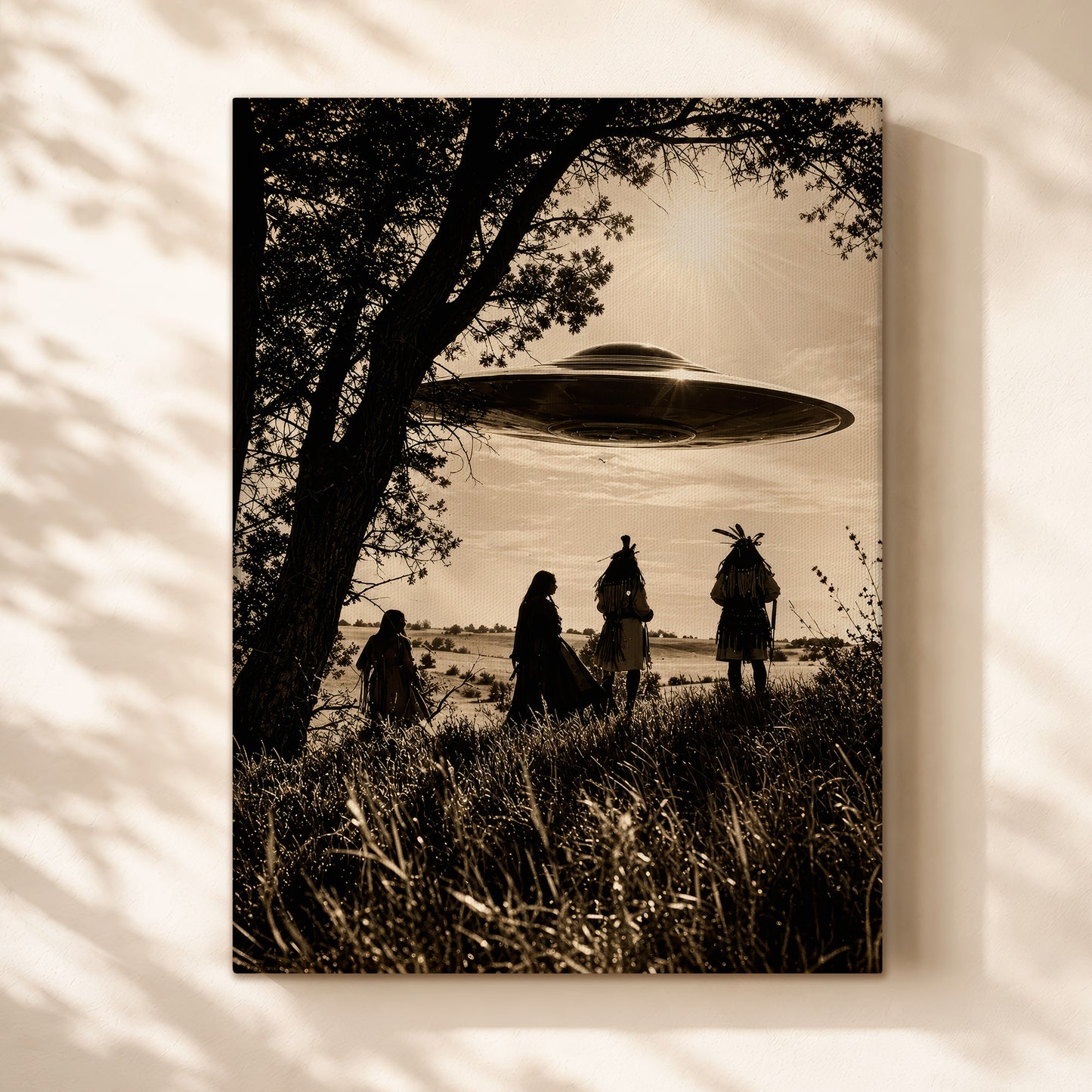 Sacred Sky Encounter Canvas Wall Art – Native American Inspired UFO Art