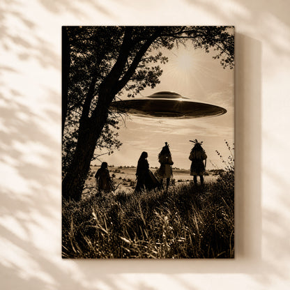 Sacred Sky Encounter Canvas Wall Art – Native American Inspired UFO Art