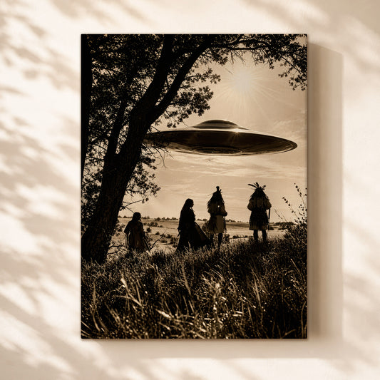 Sacred Sky Encounter Canvas Wall Art – Native American Inspired UFO Art