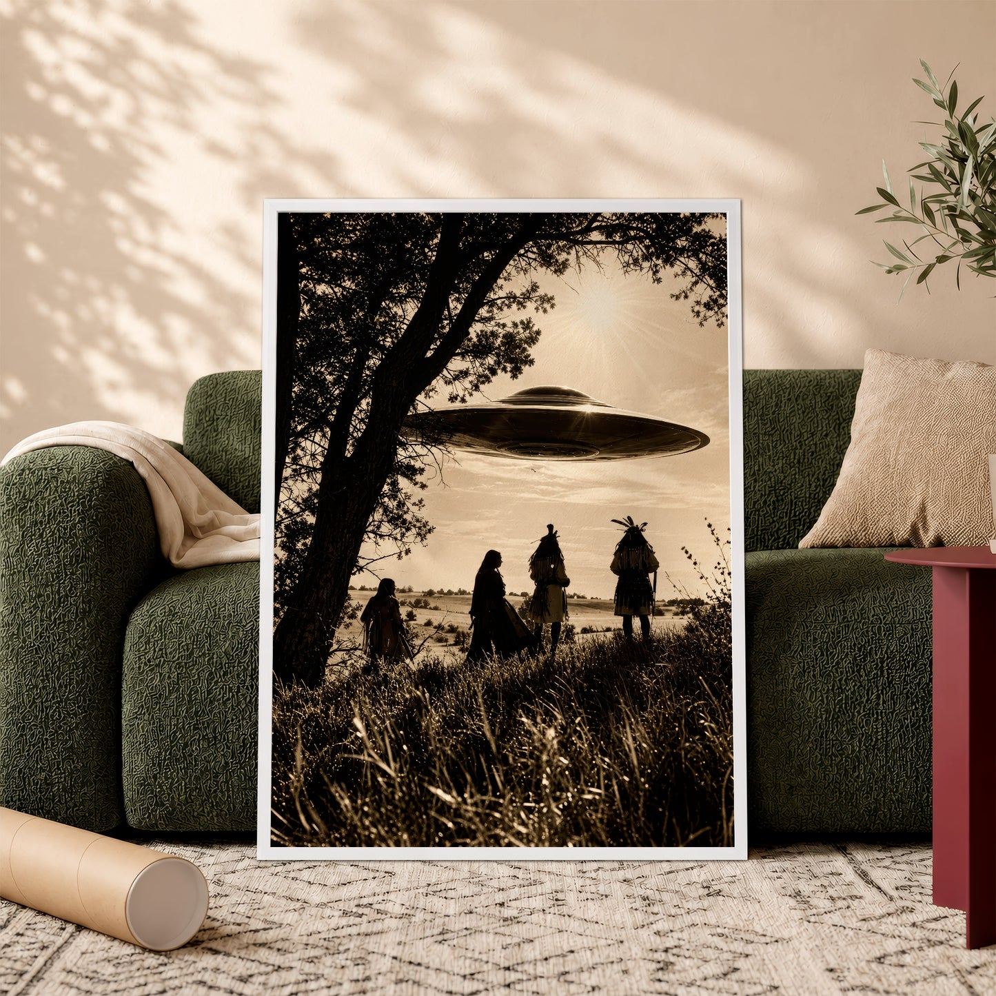 Sacred Sky Encounter Canvas Wall Art – Native American Inspired UFO Art