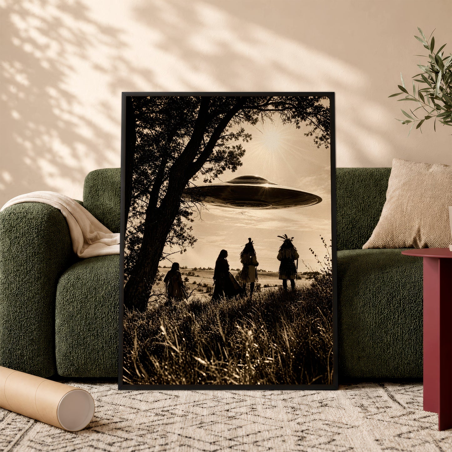 Sacred Sky Encounter Canvas Wall Art – Native American Inspired UFO Art