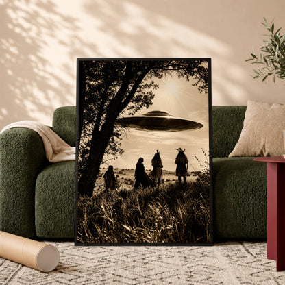 Sacred Sky Encounter Canvas Wall Art – Native American Inspired UFO Art