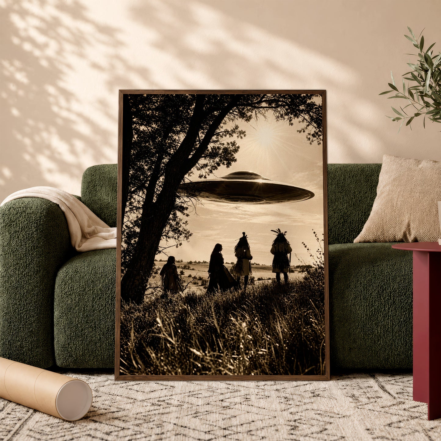 Sacred Sky Encounter Canvas Wall Art – Native American Inspired UFO Art