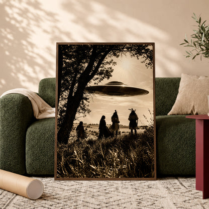 Sacred Sky Encounter Canvas Wall Art – Native American Inspired UFO Art