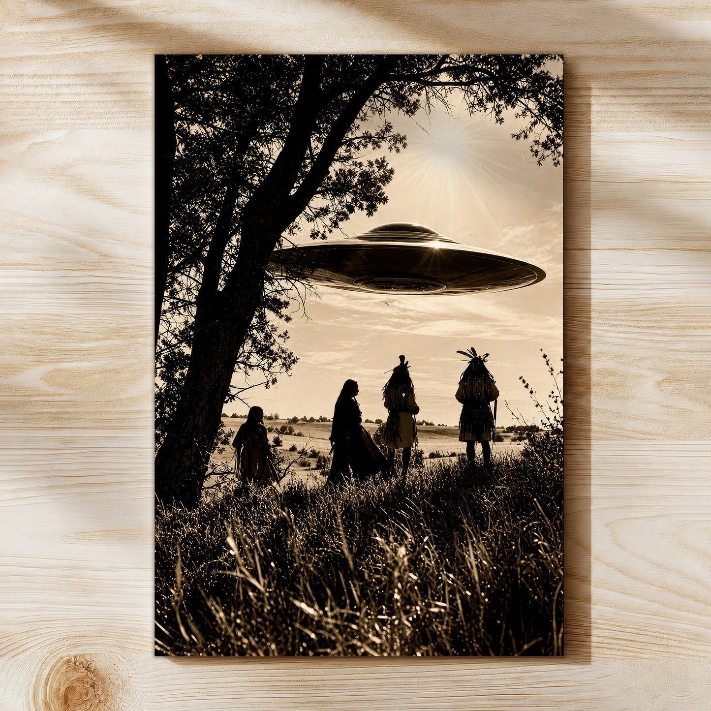 Sacred Sky Encounter Canvas Wall Art – Native American Inspired UFO Art