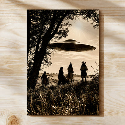 Sacred Sky Encounter Canvas Wall Art – Native American Inspired UFO Art