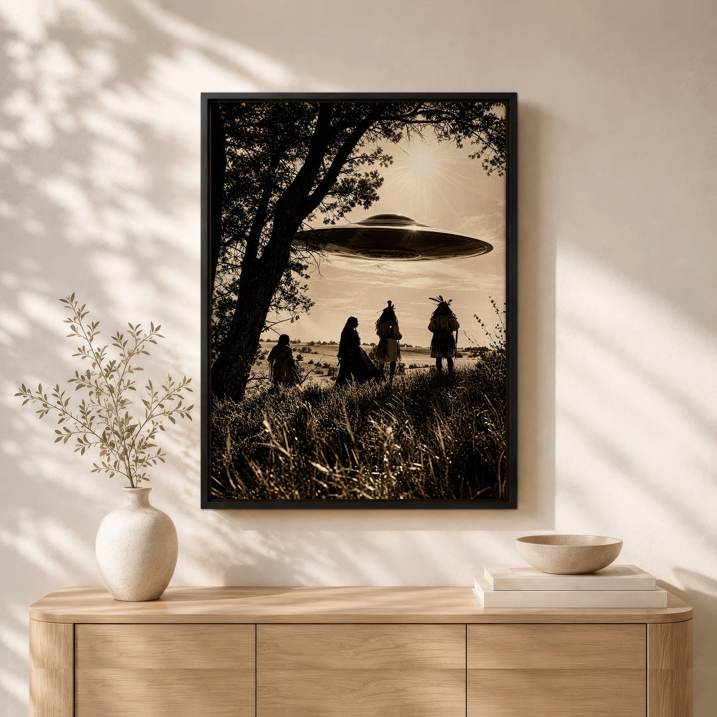 Sacred Sky Encounter Canvas Wall Art – Native American Inspired UFO Art