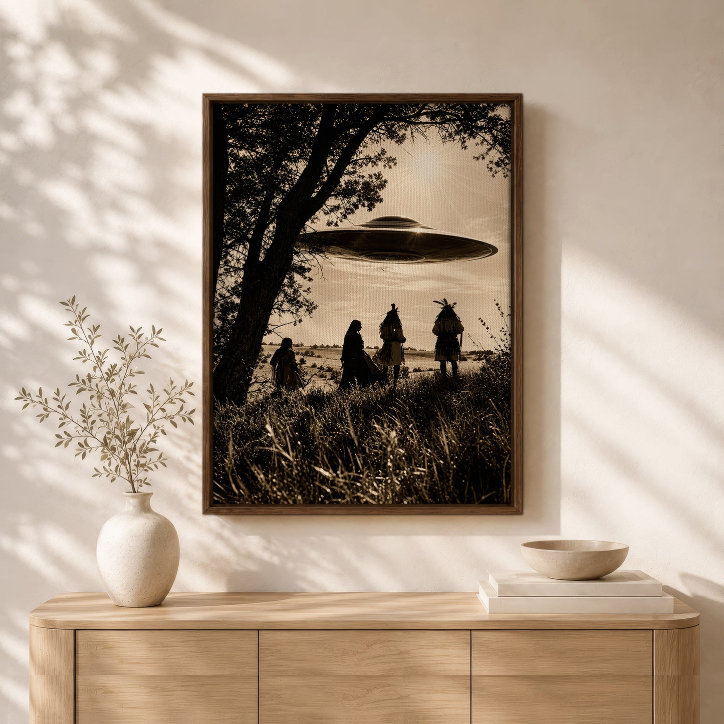 Sacred Sky Encounter Canvas Wall Art – Native American Inspired UFO Art