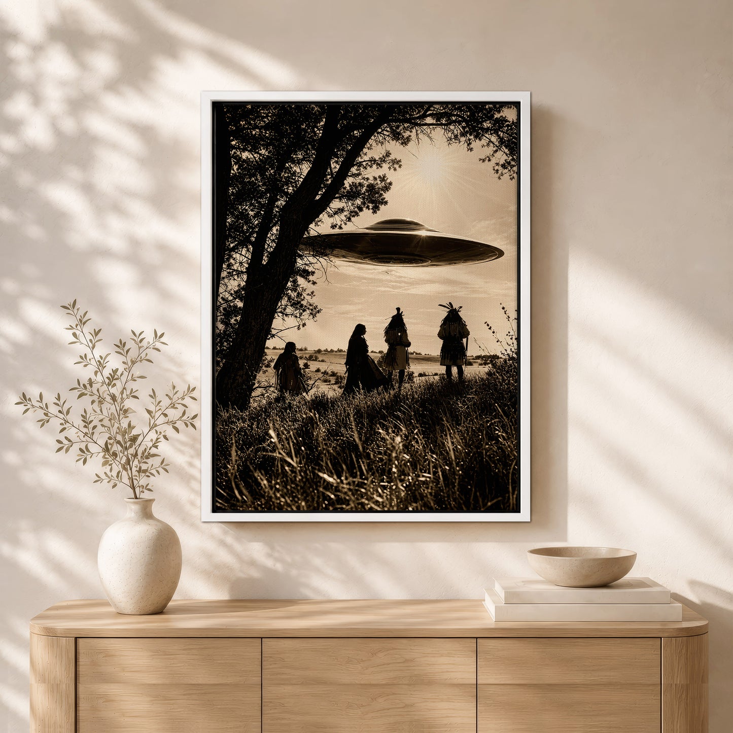 Sacred Sky Encounter Canvas Wall Art – Native American Inspired UFO Art