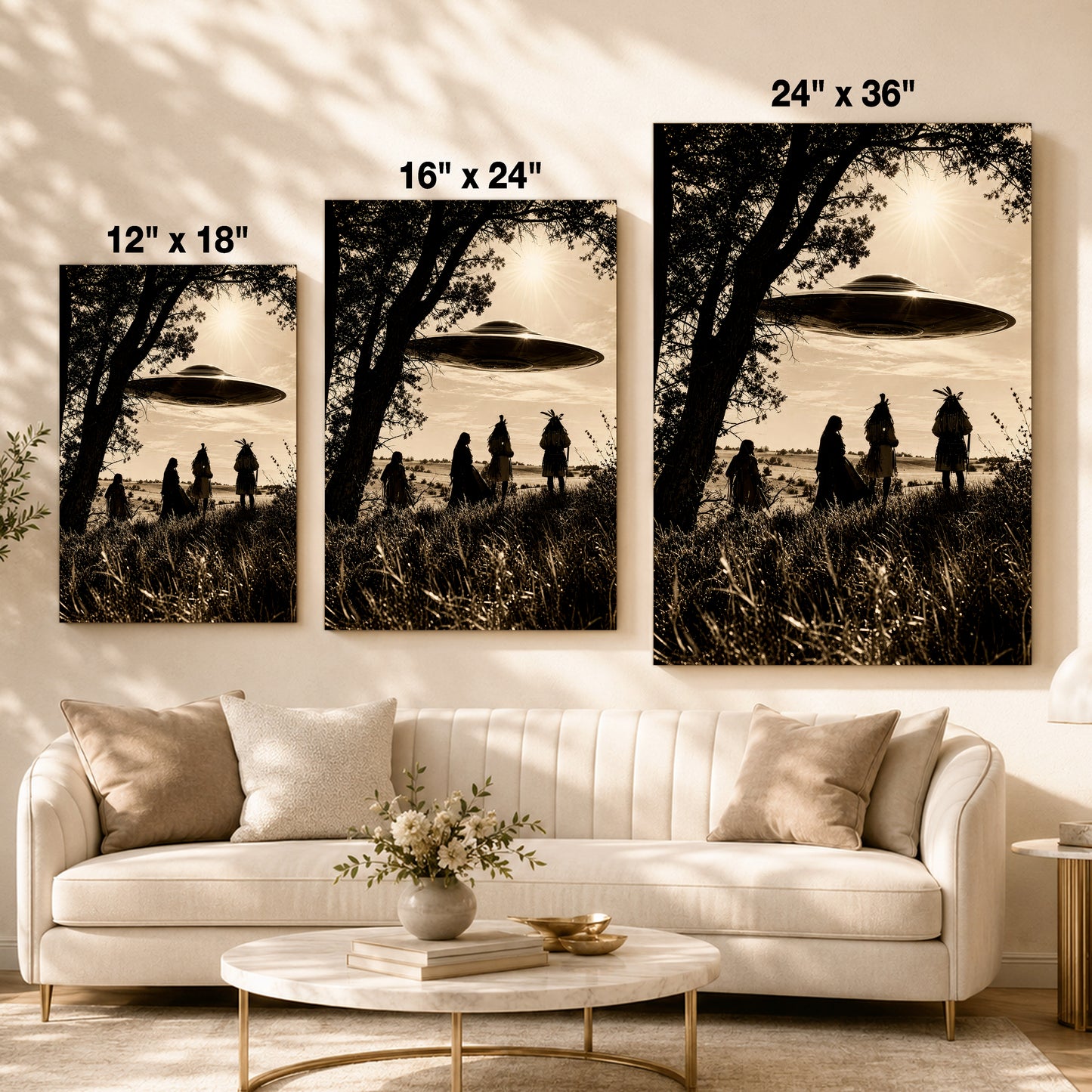 Sacred Sky Encounter Canvas Wall Art – Native American Inspired UFO Art