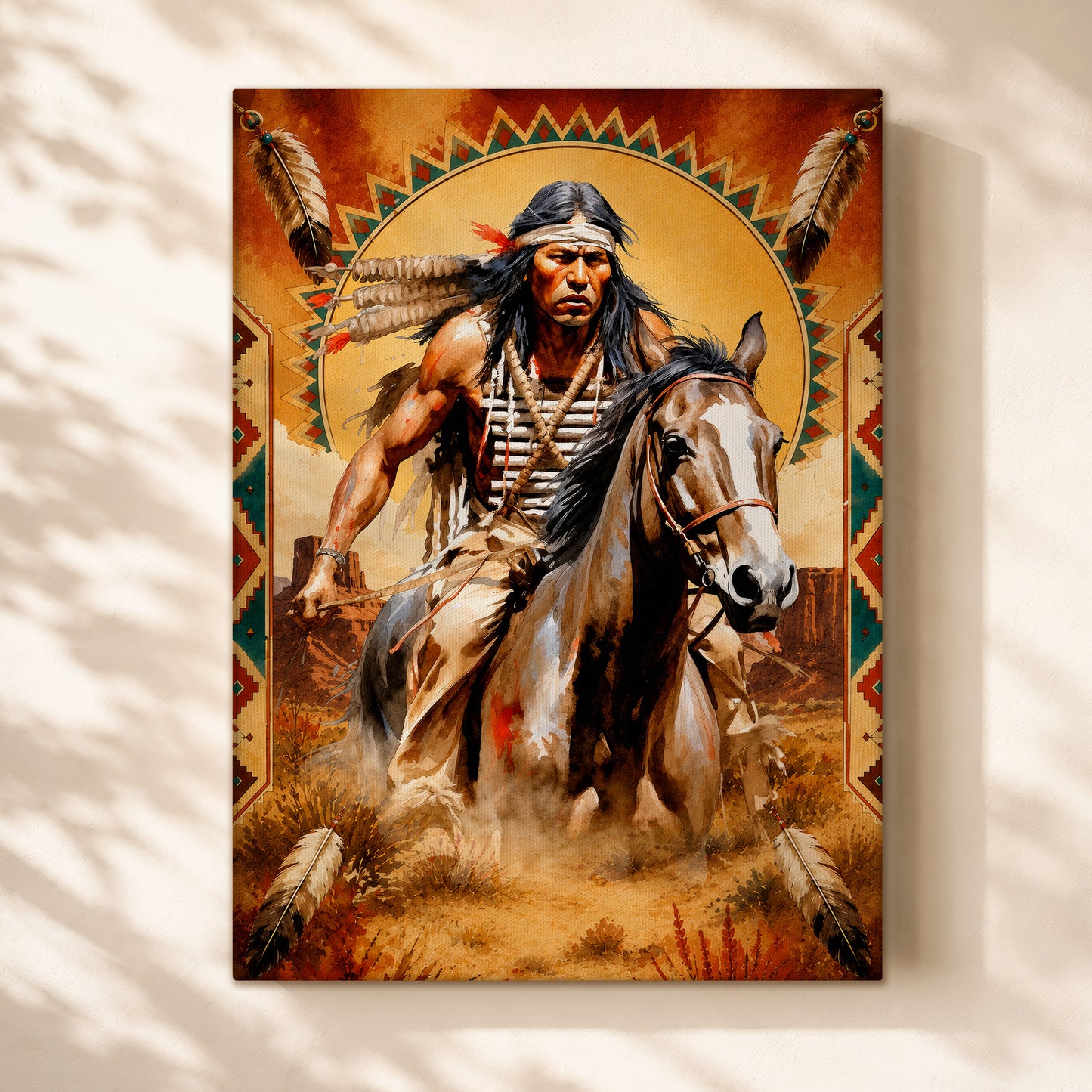 Native American Horseman Canvas Wall Art – Indigenous Warrior Inspired Western Decor