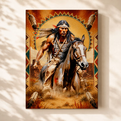 Native American Horseman Canvas Wall Art – Indigenous Warrior Inspired Western Decor