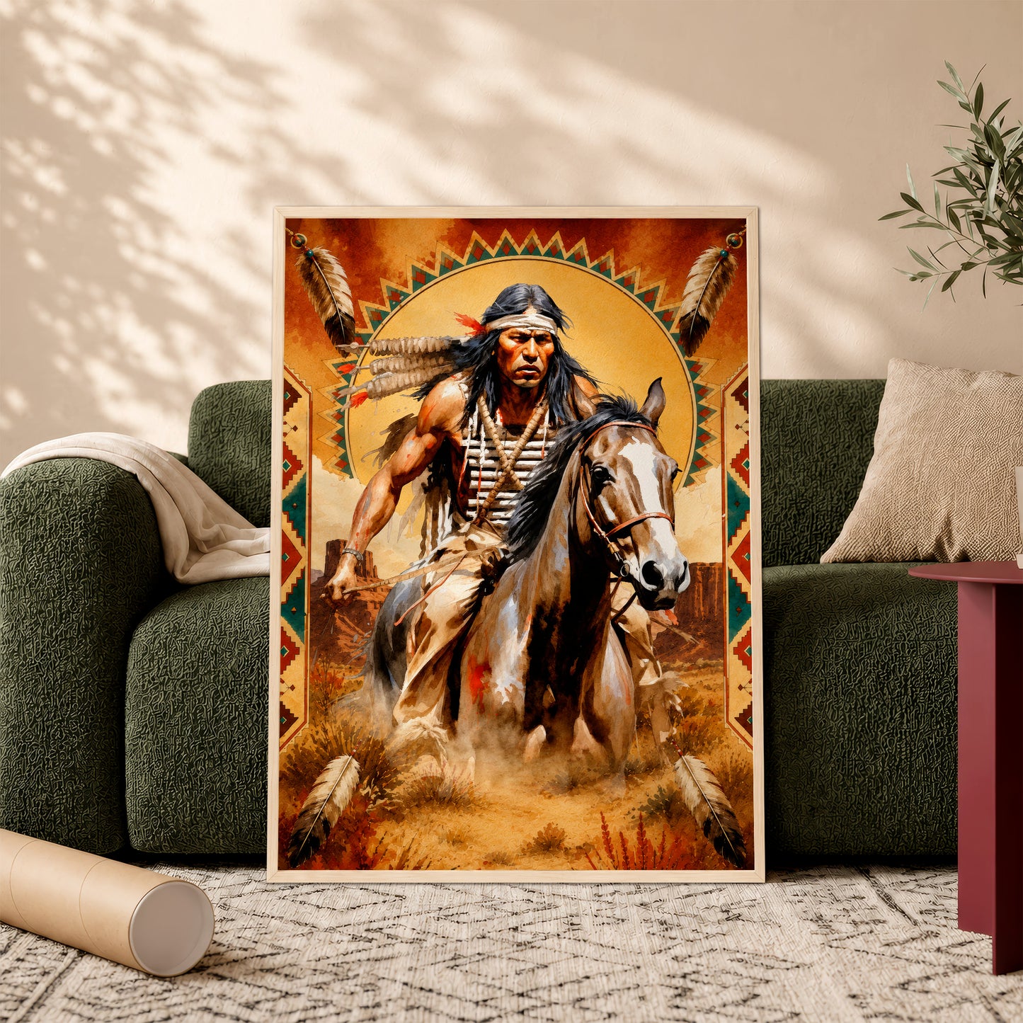 Native American Horseman Canvas Wall Art – Indigenous Warrior Inspired Western Decor