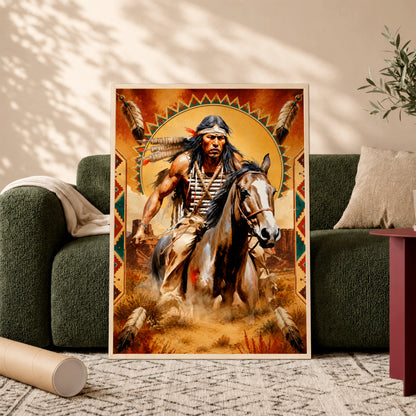 Native American Horseman Canvas Wall Art – Indigenous Warrior Inspired Western Decor