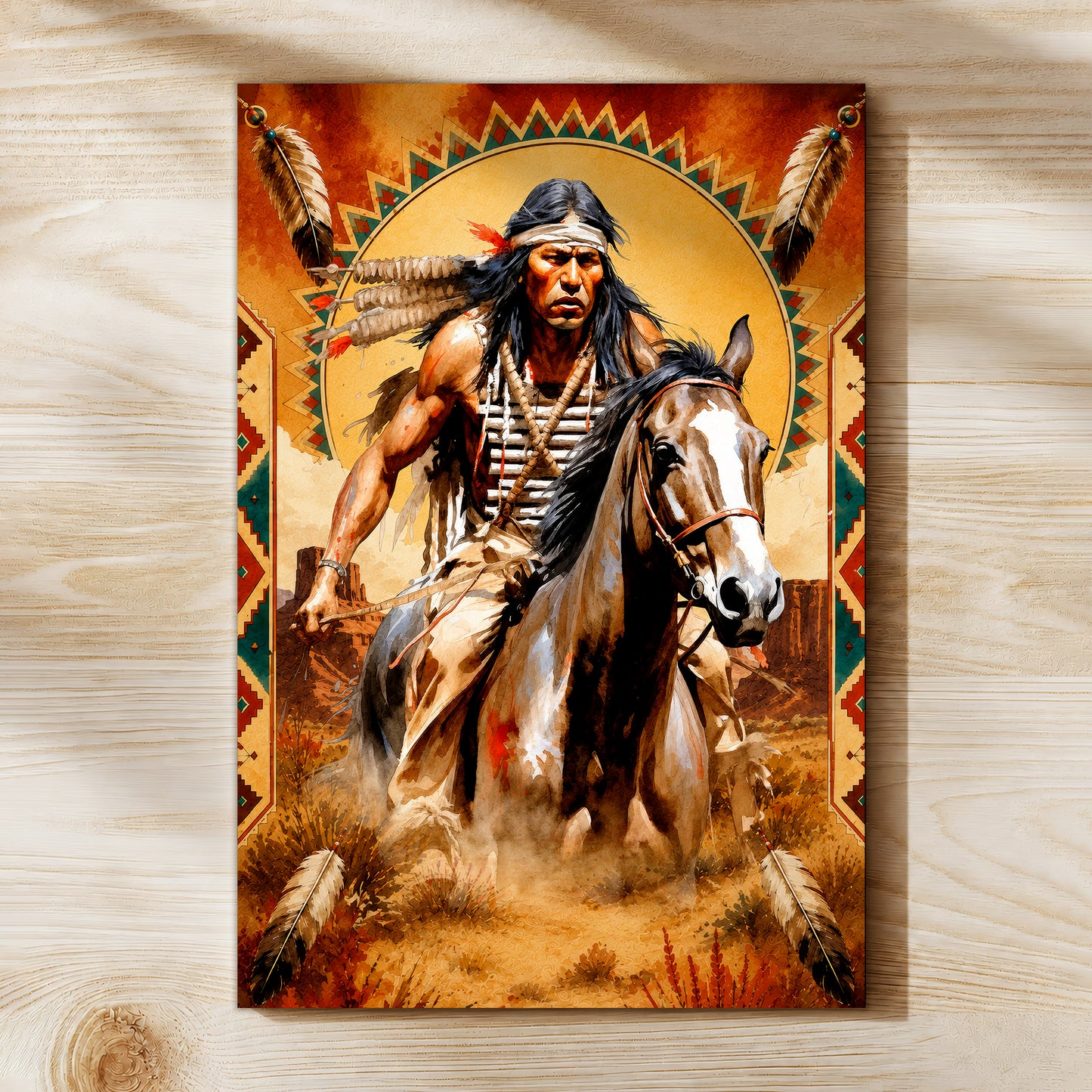 Native American Horseman Canvas Wall Art – Indigenous Warrior Inspired Western Decor