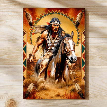 Native American Horseman Canvas Wall Art – Indigenous Warrior Inspired Western Decor