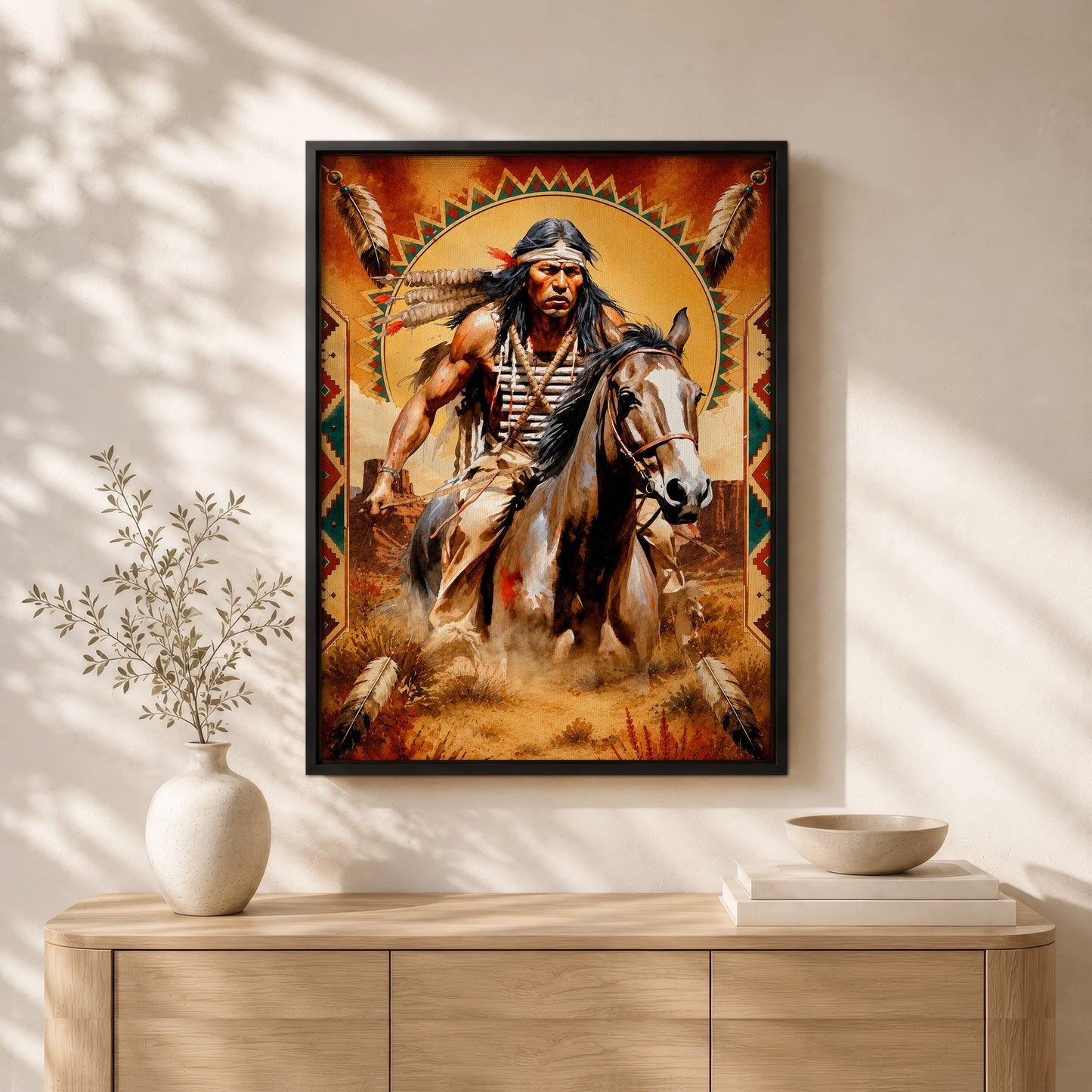 Native American Horseman Canvas Wall Art – Indigenous Warrior Inspired Western Decor