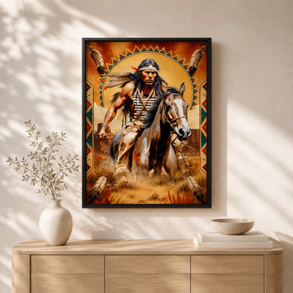 Native American Horseman Canvas Wall Art – Indigenous Warrior Inspired Western Decor