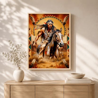 Native American Horseman Canvas Wall Art – Indigenous Warrior Inspired Western Decor