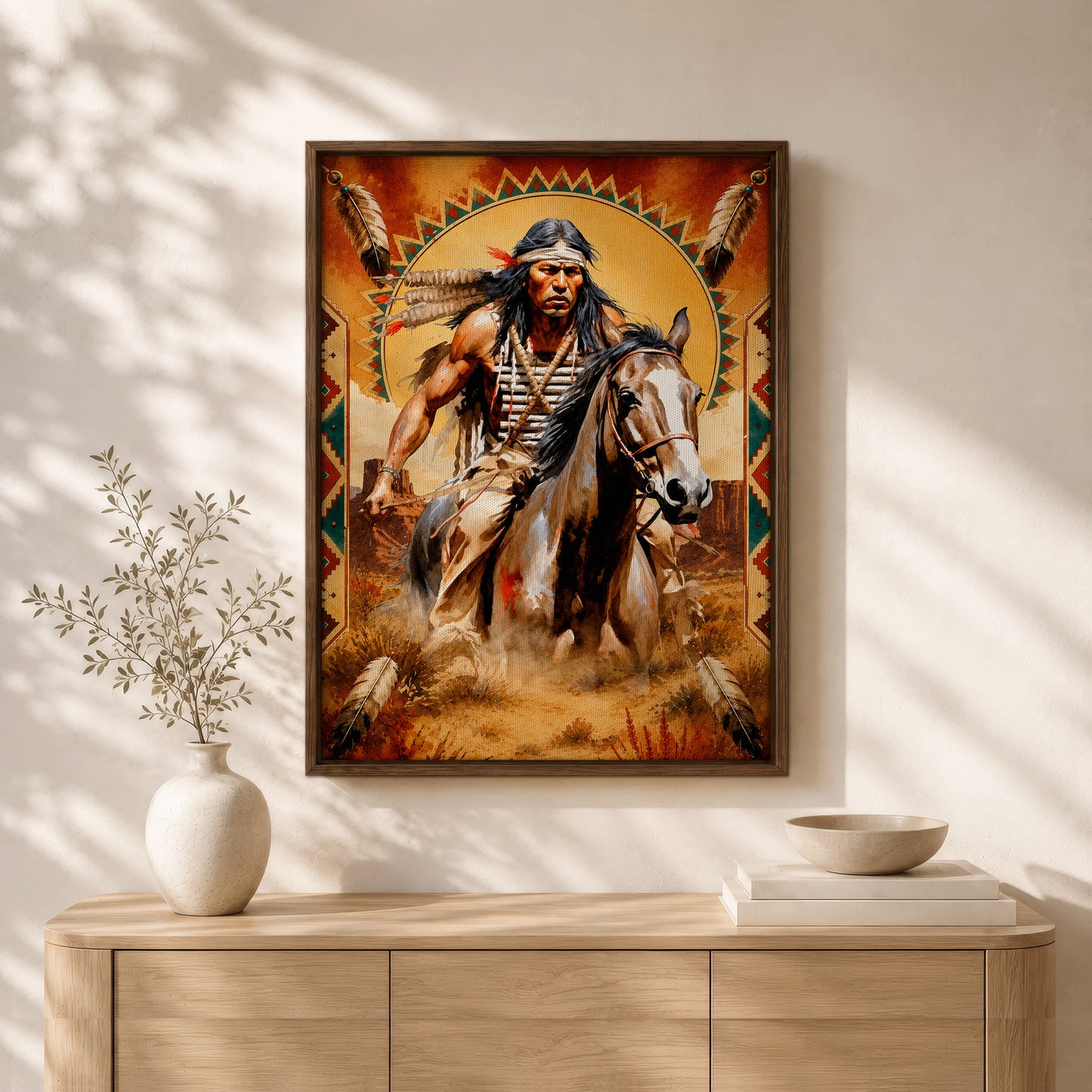 Native American Horseman Canvas Wall Art – Indigenous Warrior Inspired Western Decor