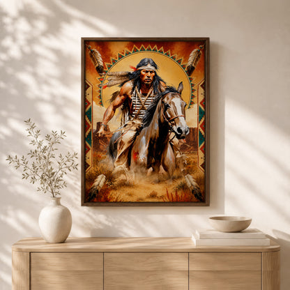 Native American Horseman Canvas Wall Art – Indigenous Warrior Inspired Western Decor