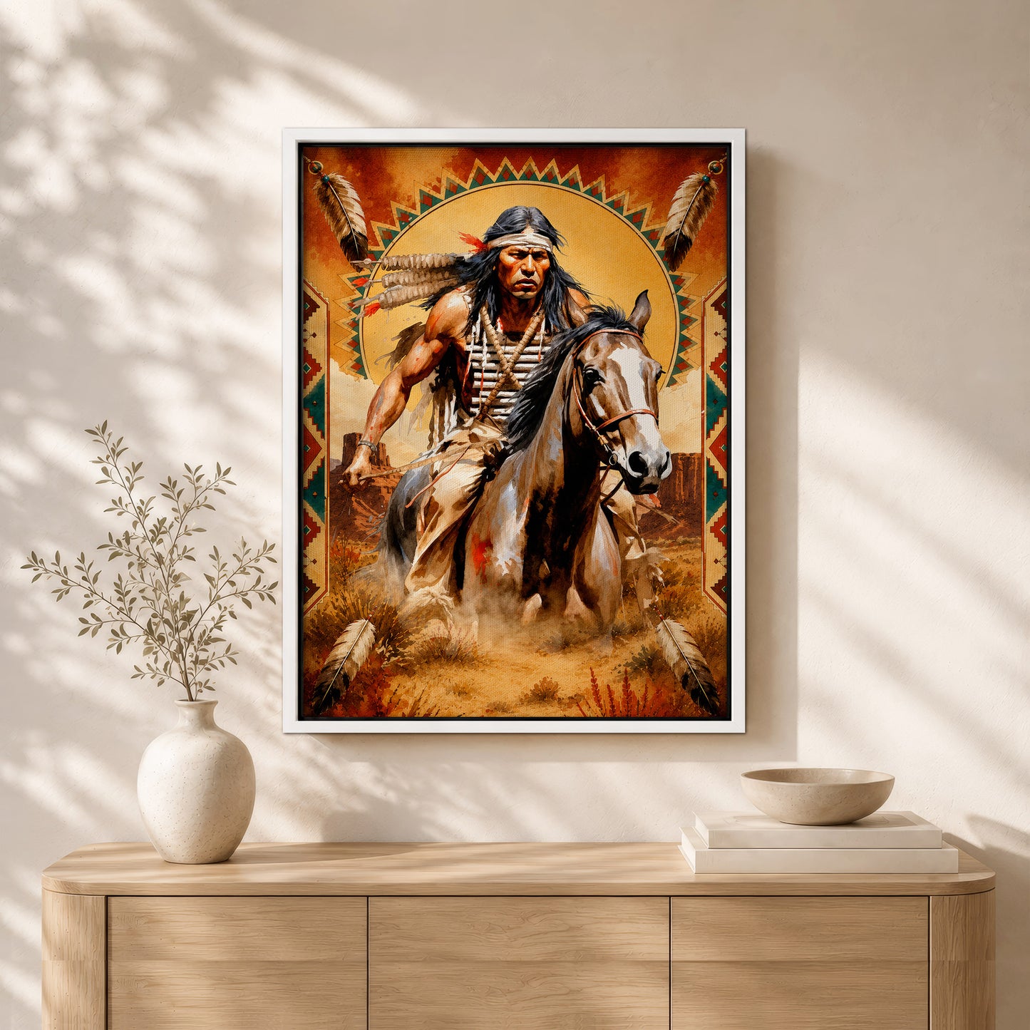 Native American Horseman Canvas Wall Art – Indigenous Warrior Inspired Western Decor