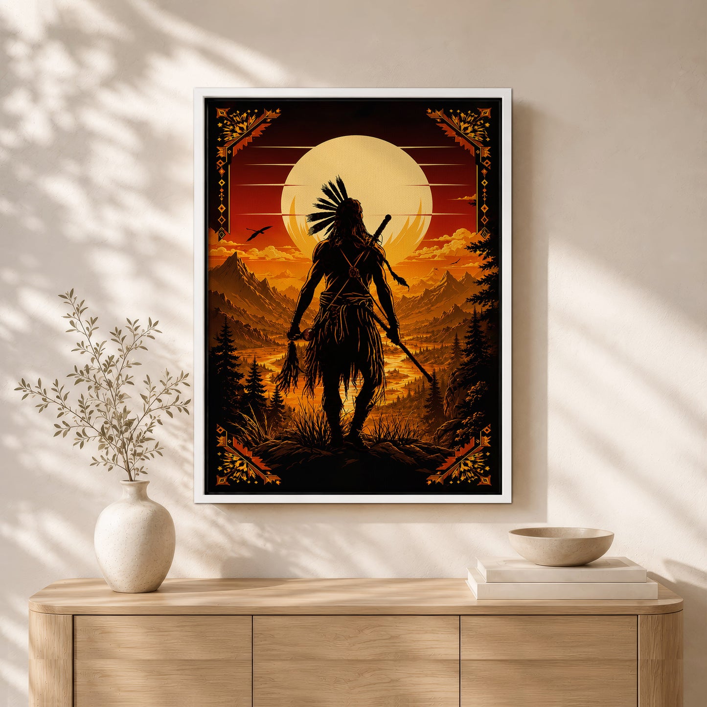 Native American Spirit Sunset Canvas Wall Art - Indigenous Heritage Home Decor