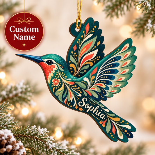 Scandinavian Hummingbird Decoration - Custom Name Design - Wood Ornament