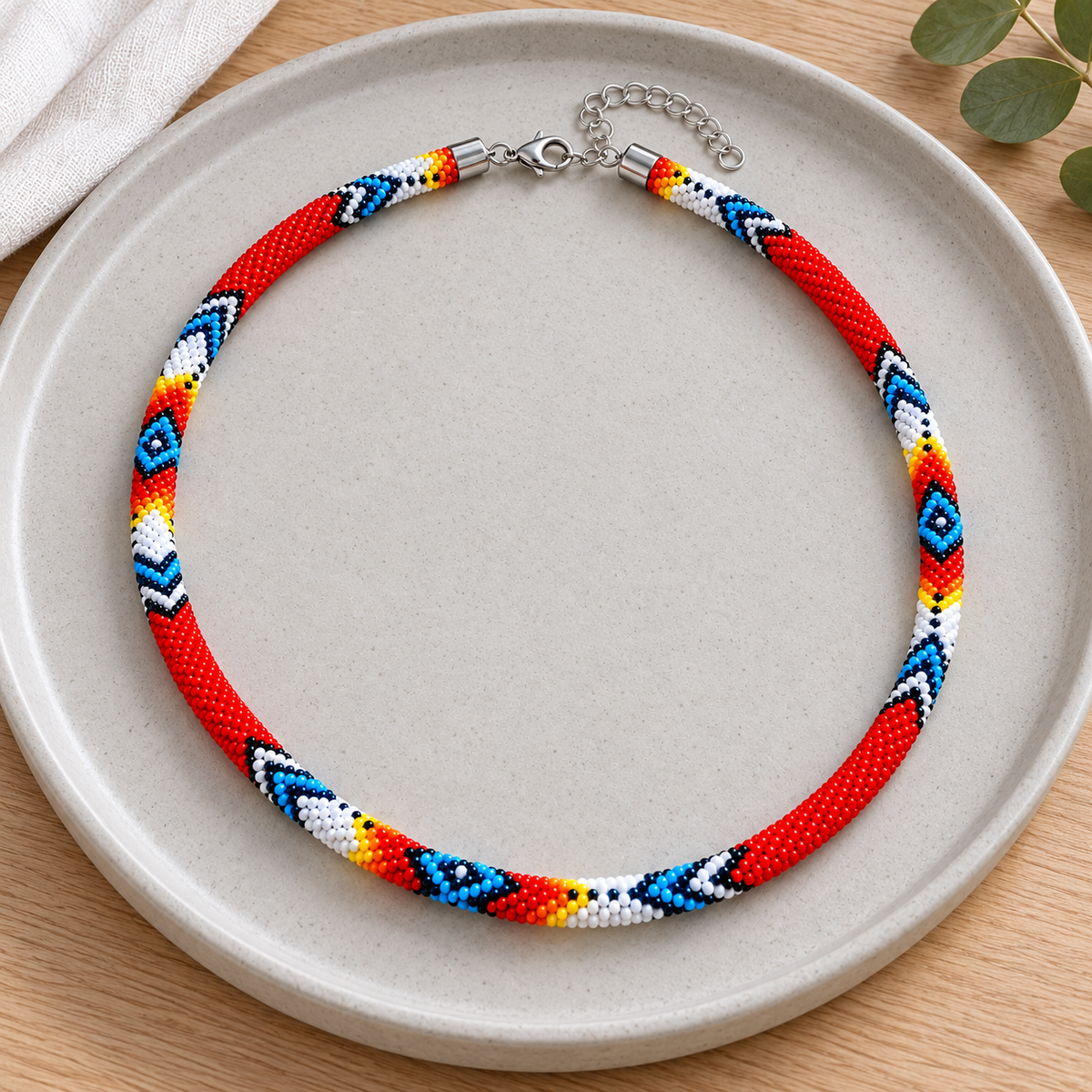 Red Beaded Long Necklace Handmade Native American Style for Women