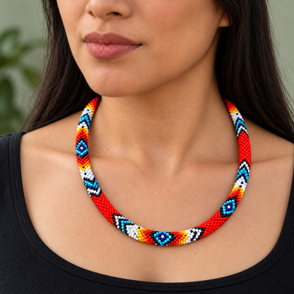 Red Beaded Long Necklace Handmade Native American Style for Women