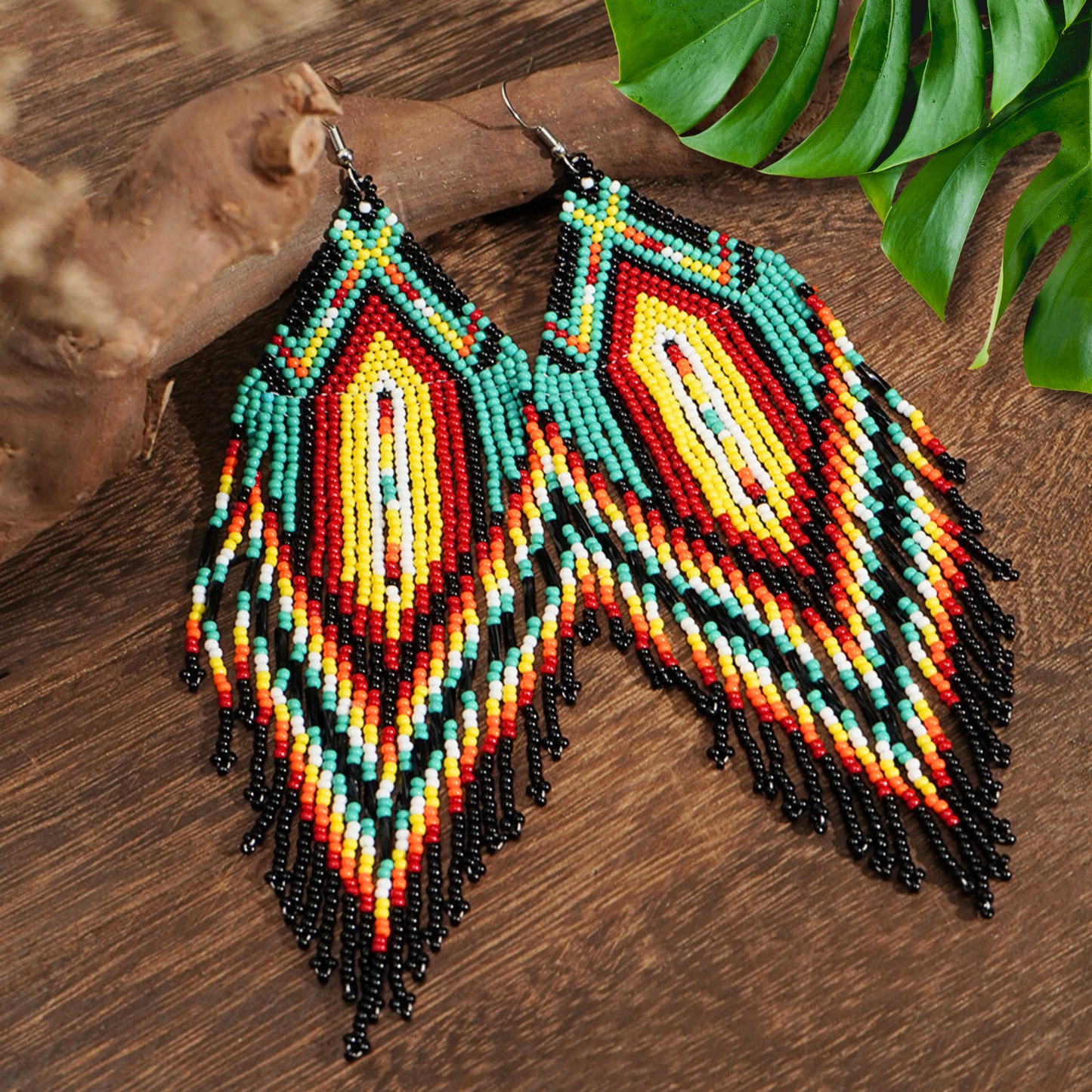 Sacred Feather Beaded Earrings – Vibrant Red, Green, and Yellow with Black Tassels