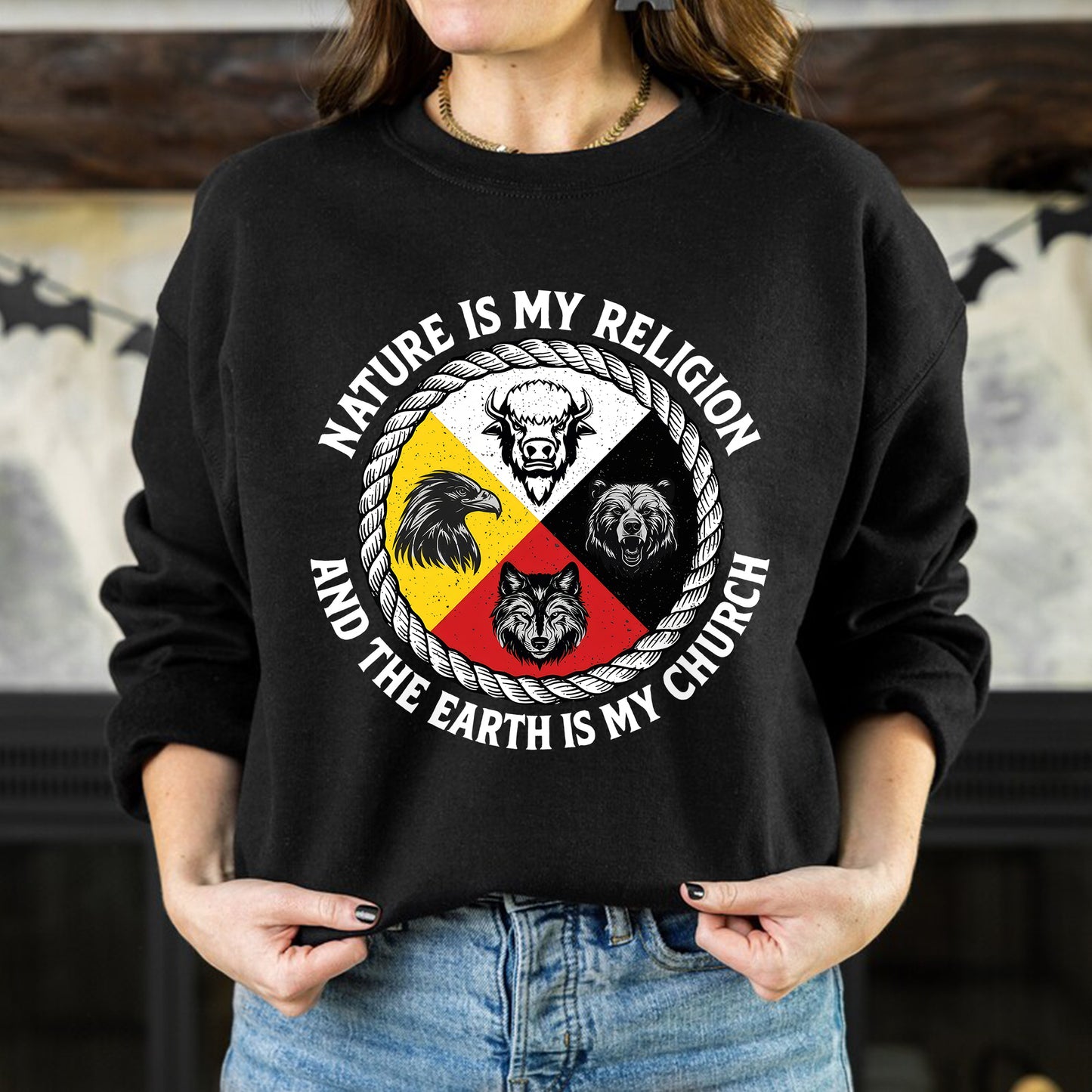 Nature Is My Religion, The Earth Is My Church - Four Animals Medicine Wheel Unisex T-Shirt/T-Shirt V-Neck/Hoodie/Sweatshirt