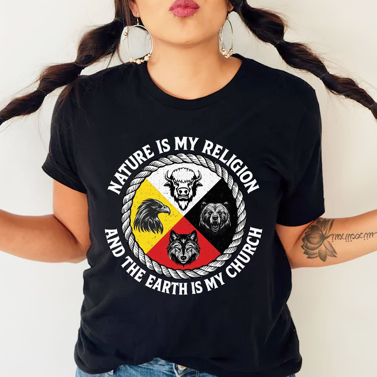 Nature Is My Religion, The Earth Is My Church - Four Animals Medicine Wheel Unisex T-Shirt/T-Shirt V-Neck/Hoodie/Sweatshirt