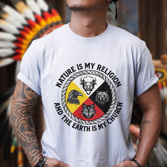 Nature Is My Religion, The Earth Is My Church - Four Animals Medicine Wheel Unisex T-Shirt/T-Shirt V-Neck/Hoodie/Sweatshirt
