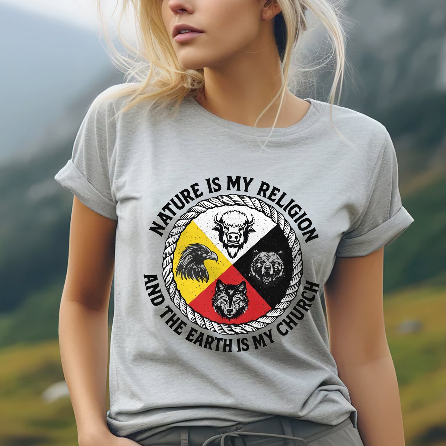 Nature Is My Religion, The Earth Is My Church - Four Animals Medicine Wheel Unisex T-Shirt/T-Shirt V-Neck/Hoodie/Sweatshirt