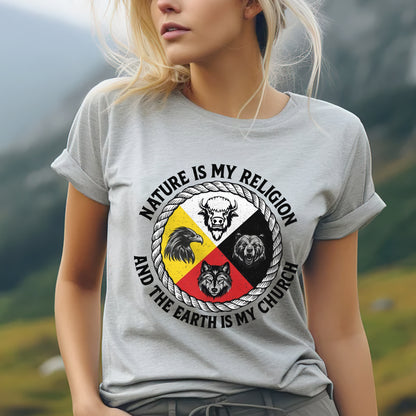 Nature Is My Religion, The Earth Is My Church - Four Animals Medicine Wheel Unisex T-Shirt/T-Shirt V-Neck/Hoodie/Sweatshirt