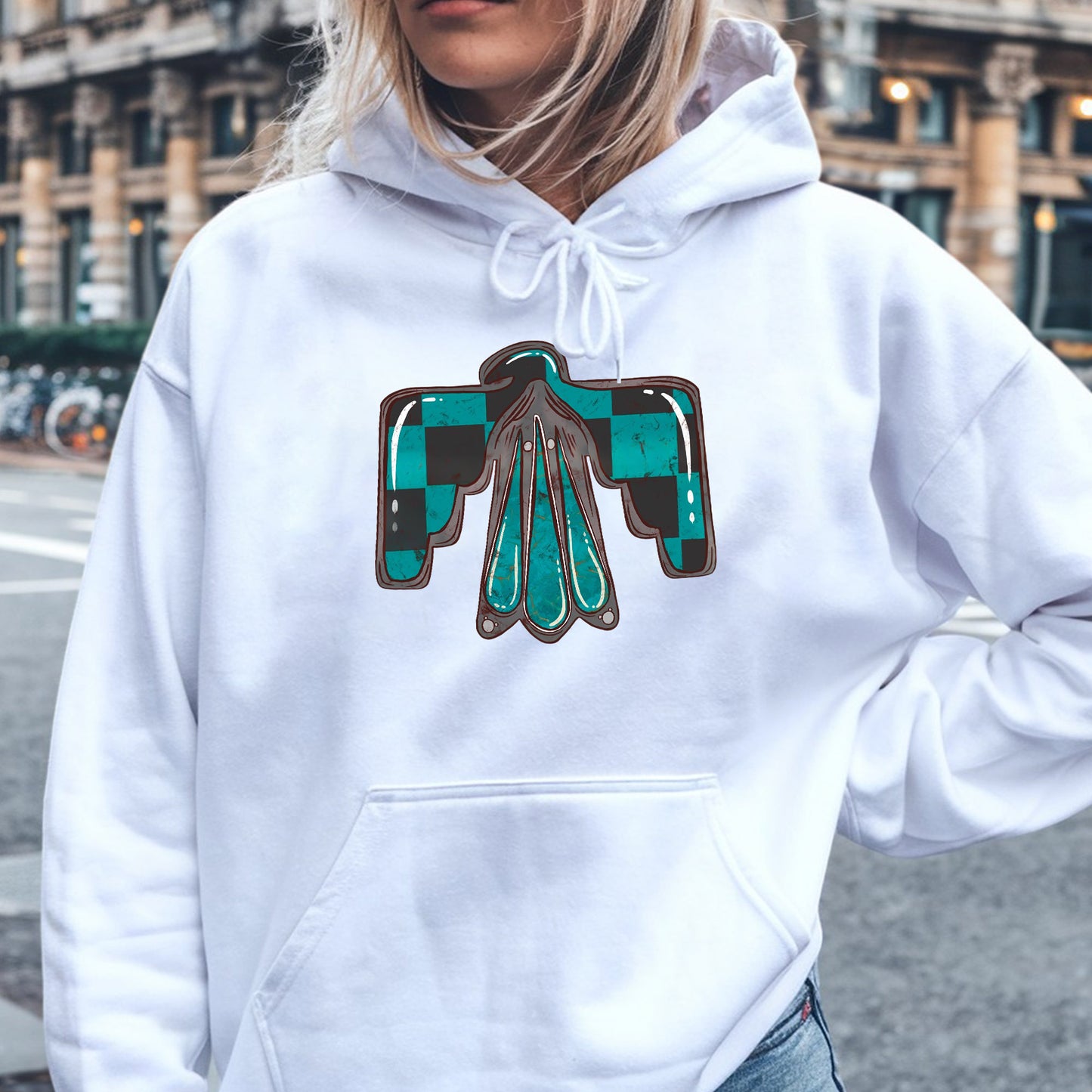 Thunderbird Protection Symbol – Turquoise Distressed Unisex T-Shirt/T-Shirt V-Neck/Hoodie/Sweatshirt