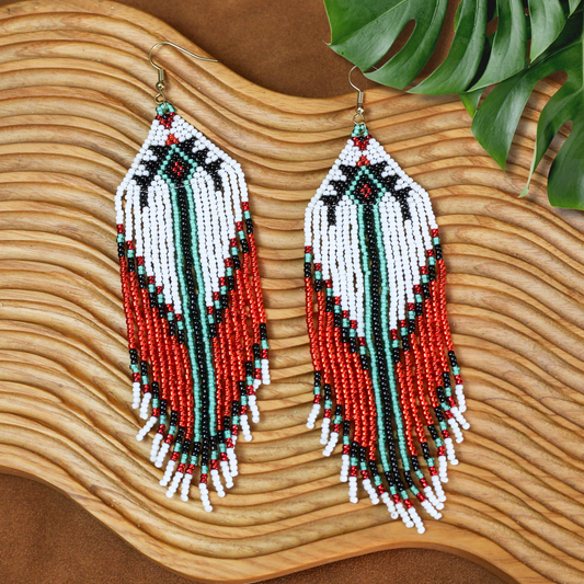 Handmade Native Beaded Tassel Earrings – Red, White, and Green