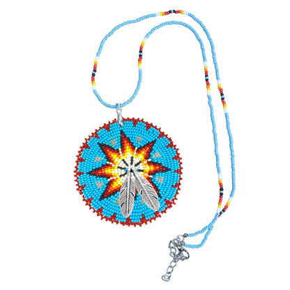 SALE 50% OFF - Blue Star Fire Pattern Beaded Patch Necklace Pendant Unisex With Native American Style