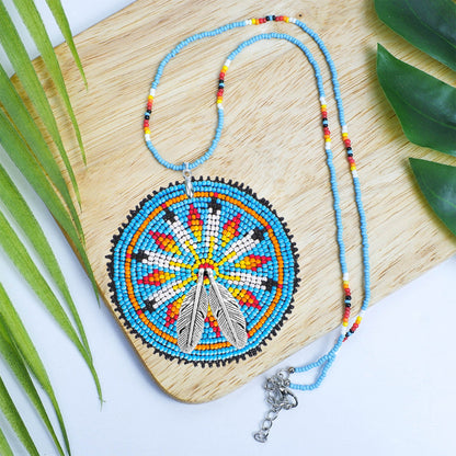 SALE 50% OFF - Blue Multi Flame Feather Beaded Patch Necklace Pendant Unisex With Native American Style