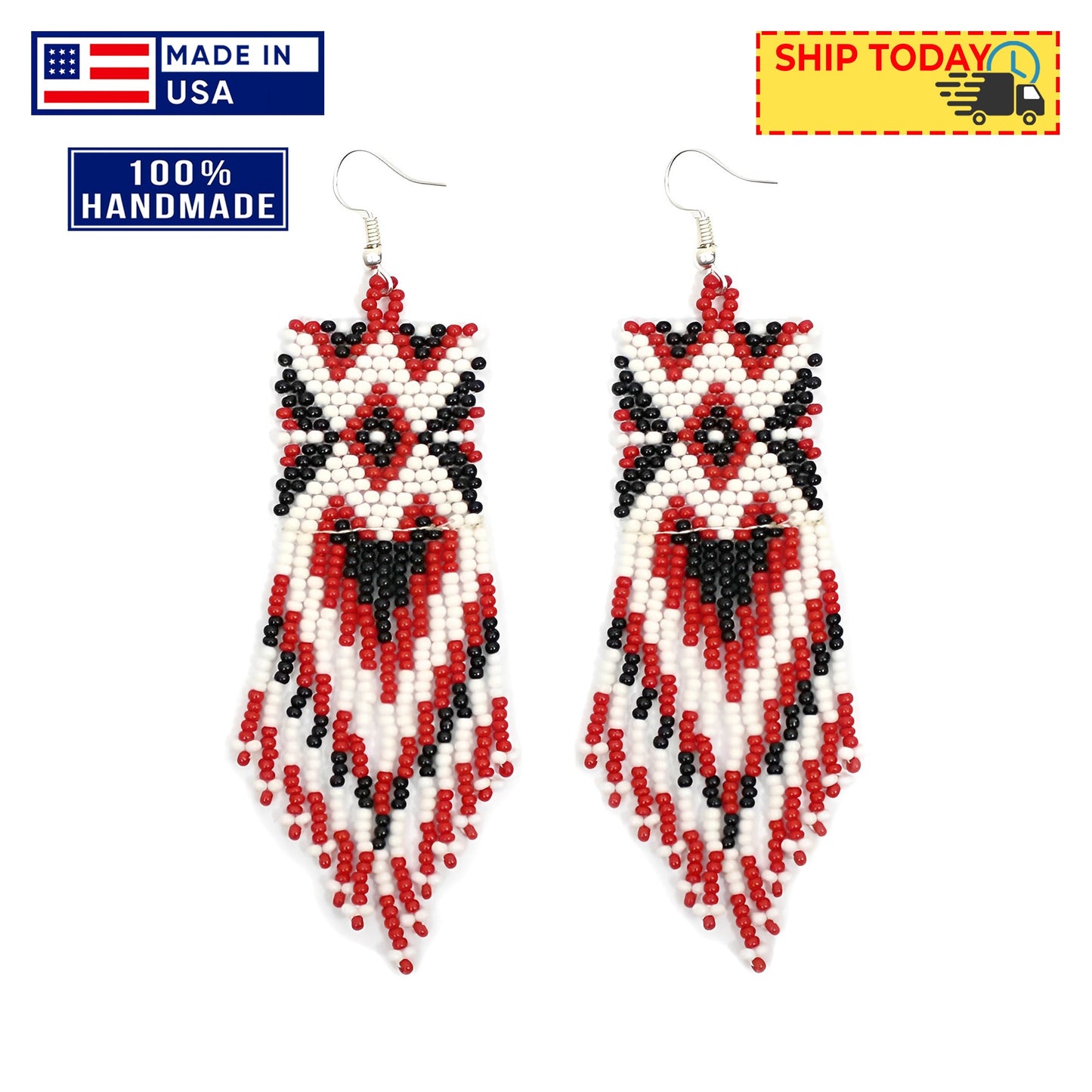 Red Black Long Beaded Handmade Earrings For Women