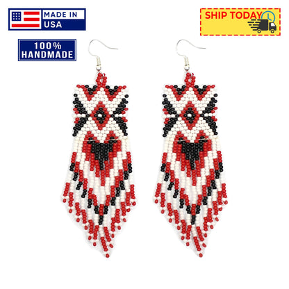 Red Black Long Beaded Handmade Earrings For Women