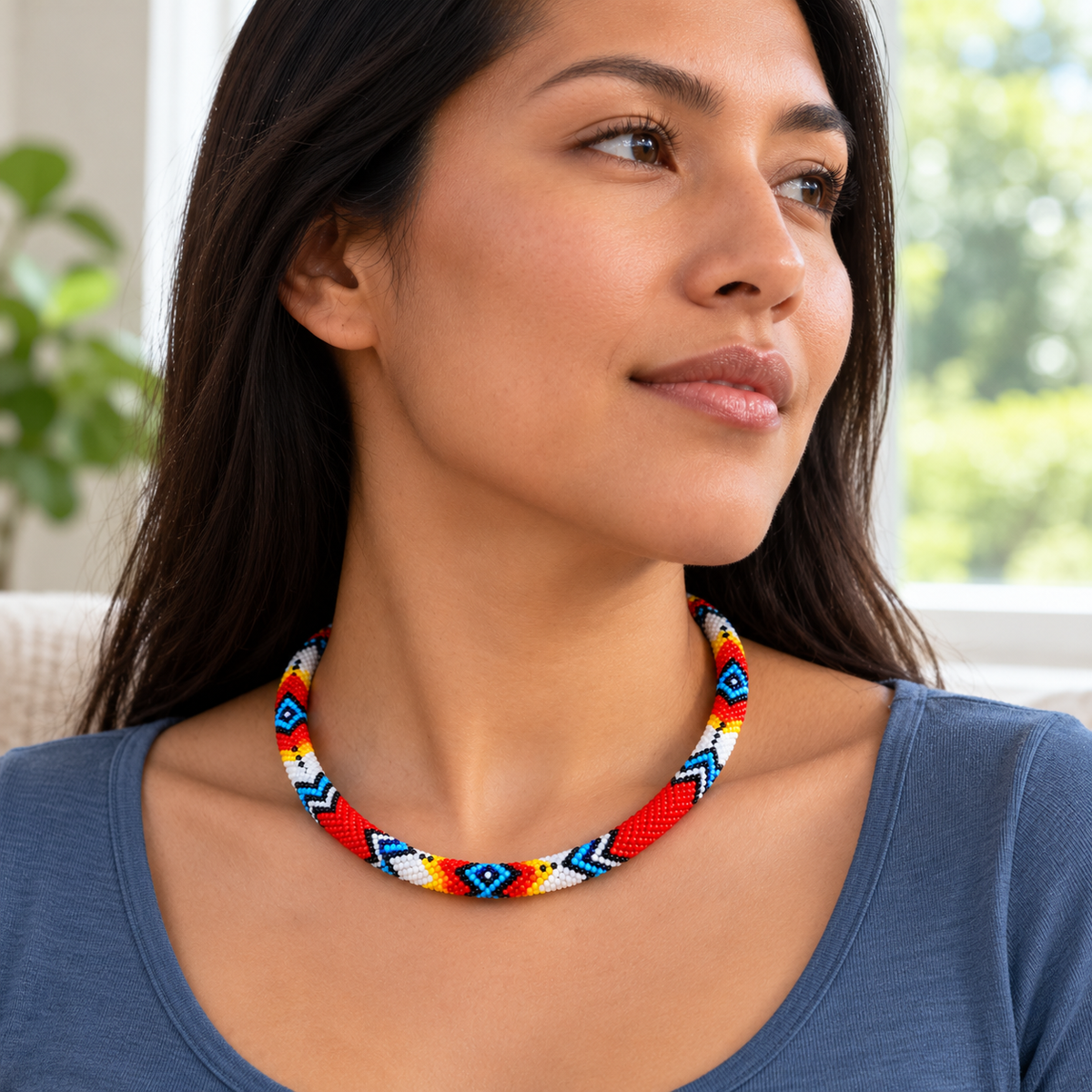 Red Beaded Long Necklace Handmade Native American Style for Women