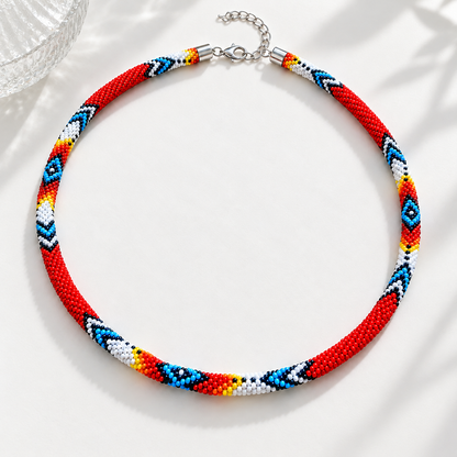 Red Beaded Long Necklace Handmade Native American Style for Women
